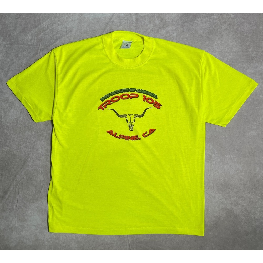 Vintage Boy Scouts Shirt Mens Large Yellow Single Stitch Tee Short Sleeve Casual